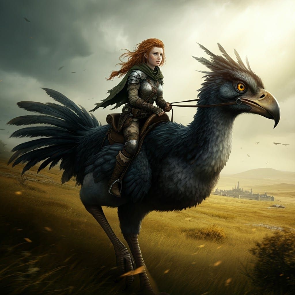 Rogue Atop Ferocious Bird on Windswept Moor