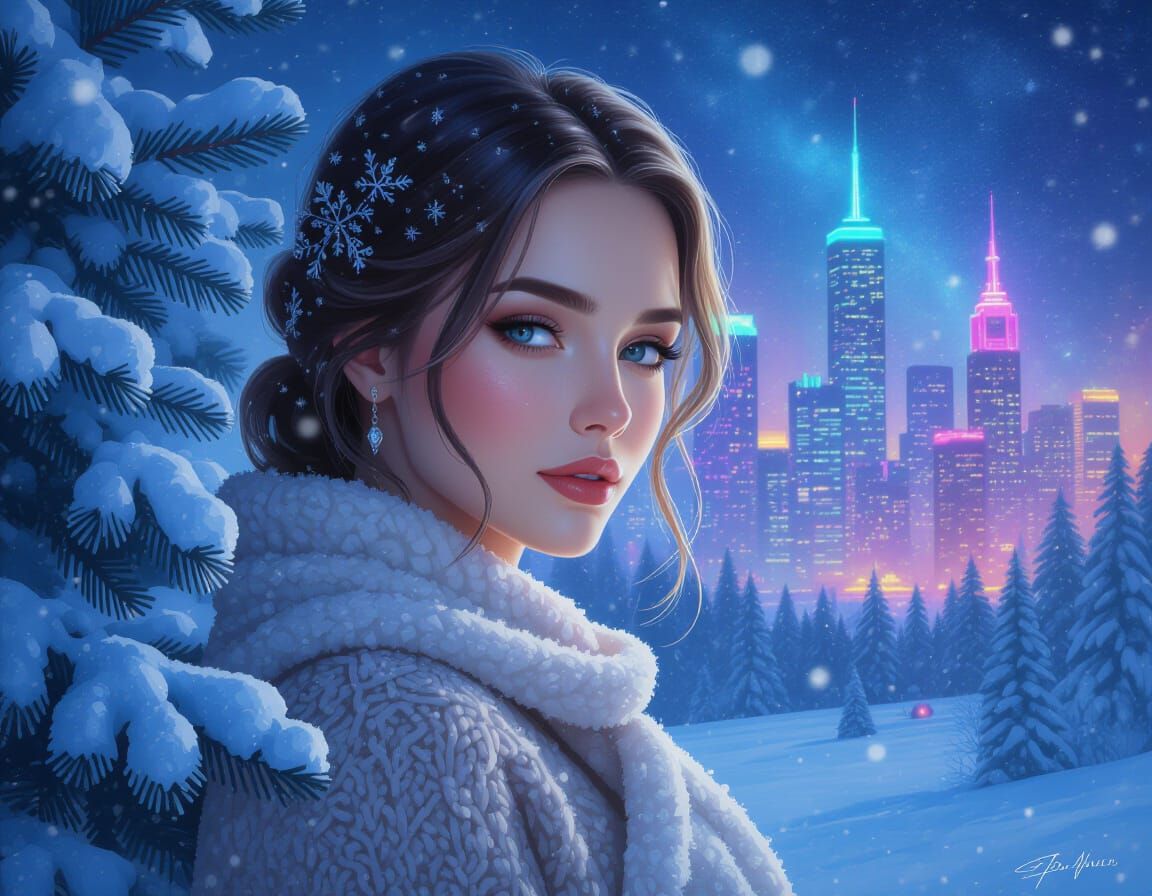 Woman in Snowy Winter Landscape with Starry Synthwave City