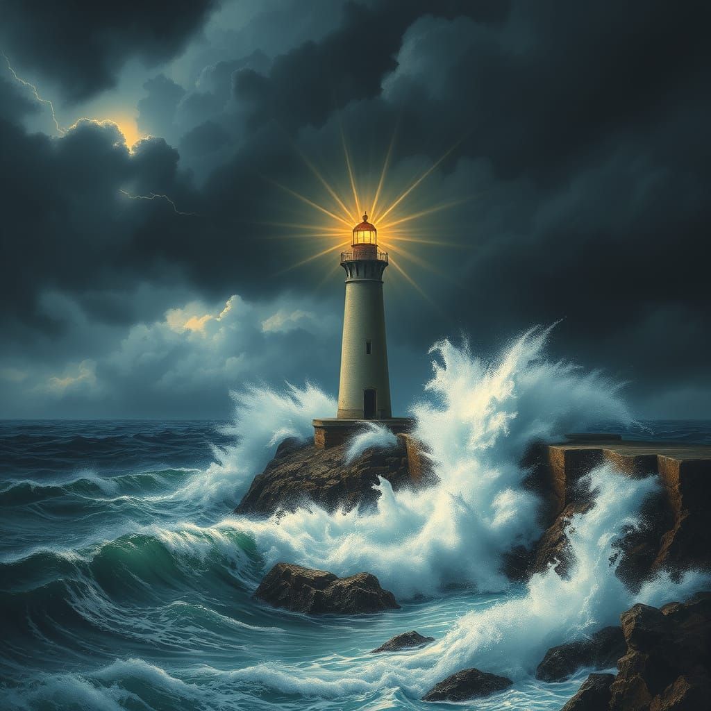 Lighthouse Against Stormy Sea: A Cinematic Painting