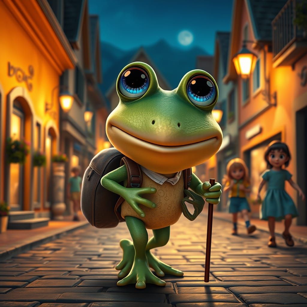 Surreal CGI Frog Strolls through Whimsical Terracotta Street...