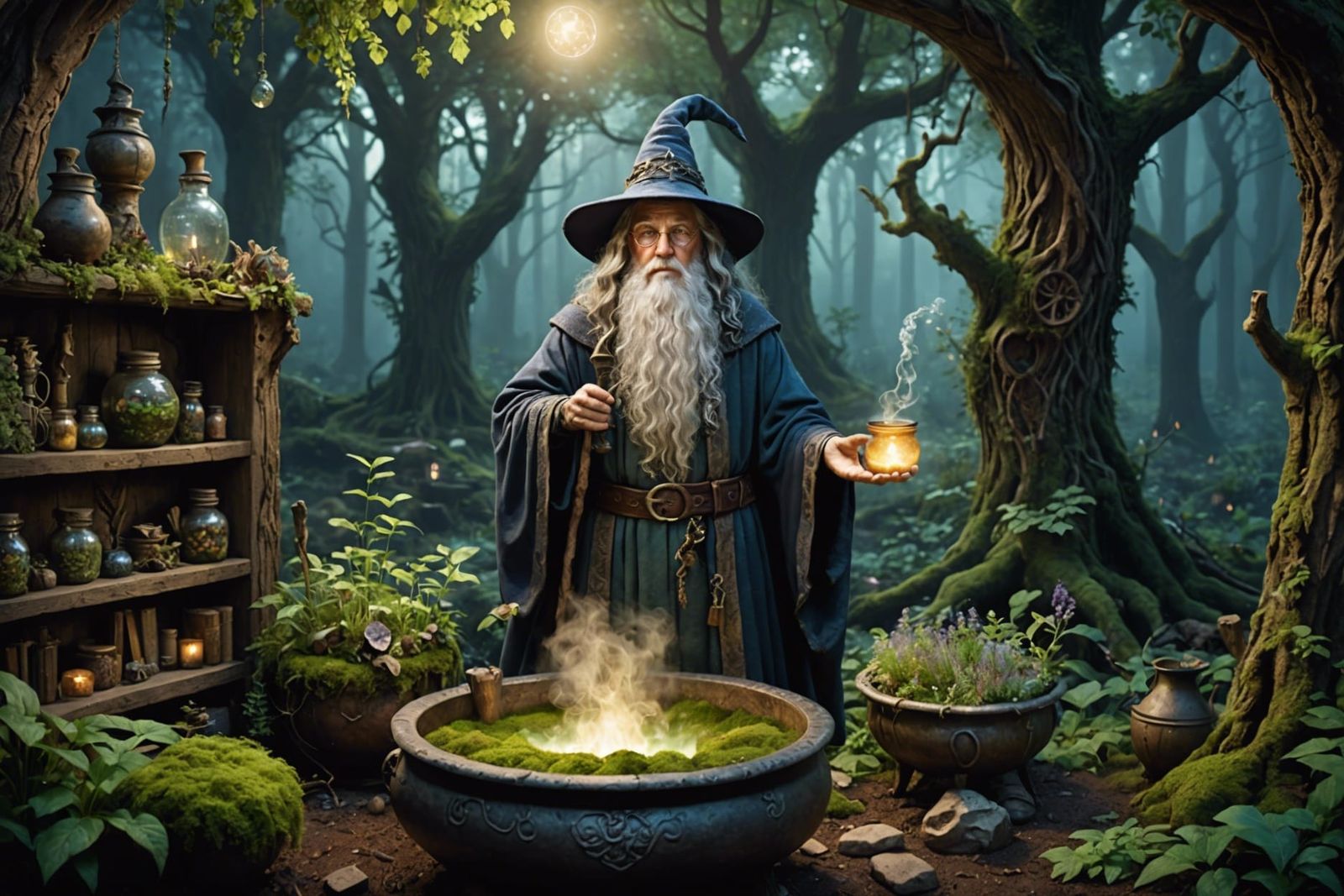 Mystical Wizard Brewing Potion in Forest Glade