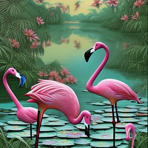 Magical Pond with Flamingos in Comic Book Style