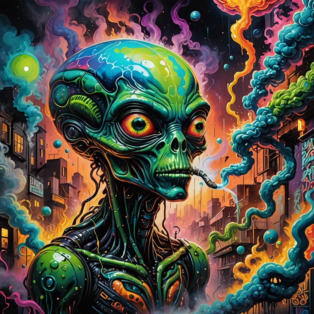 Surreal Alien Smoker in Street Art Style