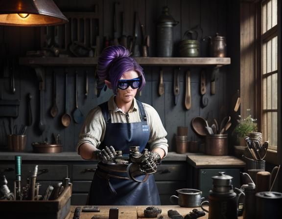 Gnome and Automaton at Workbench in Biomechanical Art Style