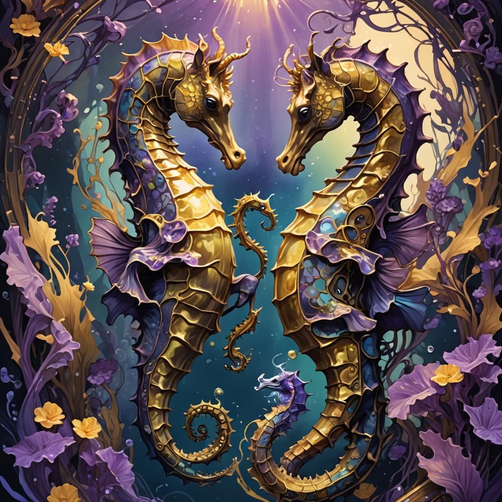 Mystical Seahorses in Dark Fantasy Style