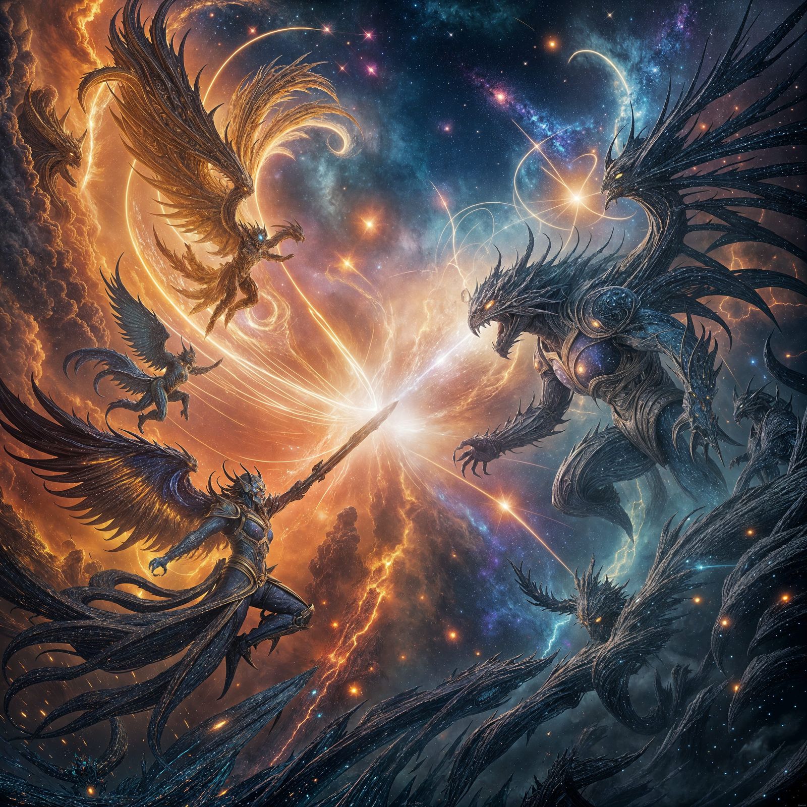 Cosmic Warfare: Celestial Beings Clash in Digital Painting