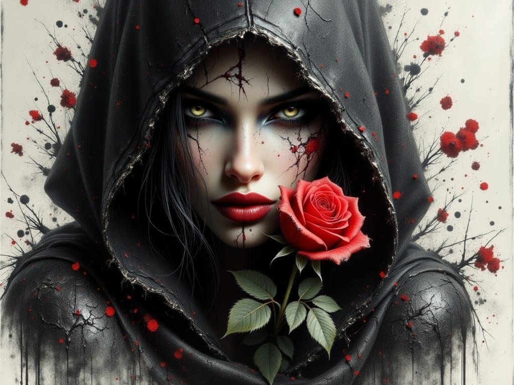 Mysterious Woman in Hood Smells Rose, Graphic Novel Style