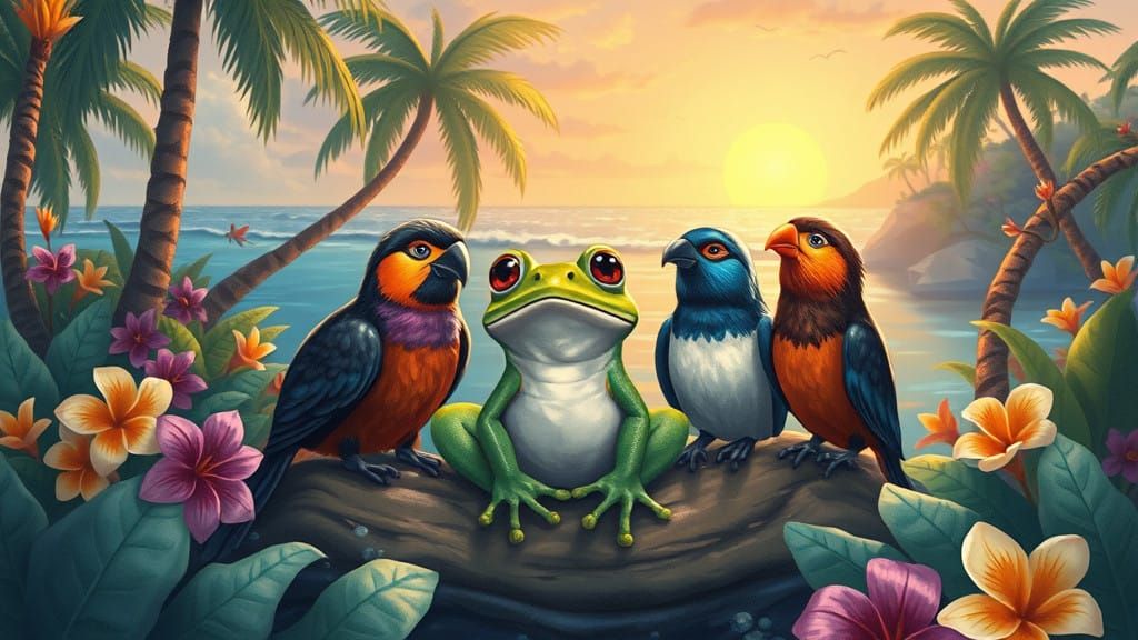 Whimsical Island Sanctuary with Frog and Bird Friends