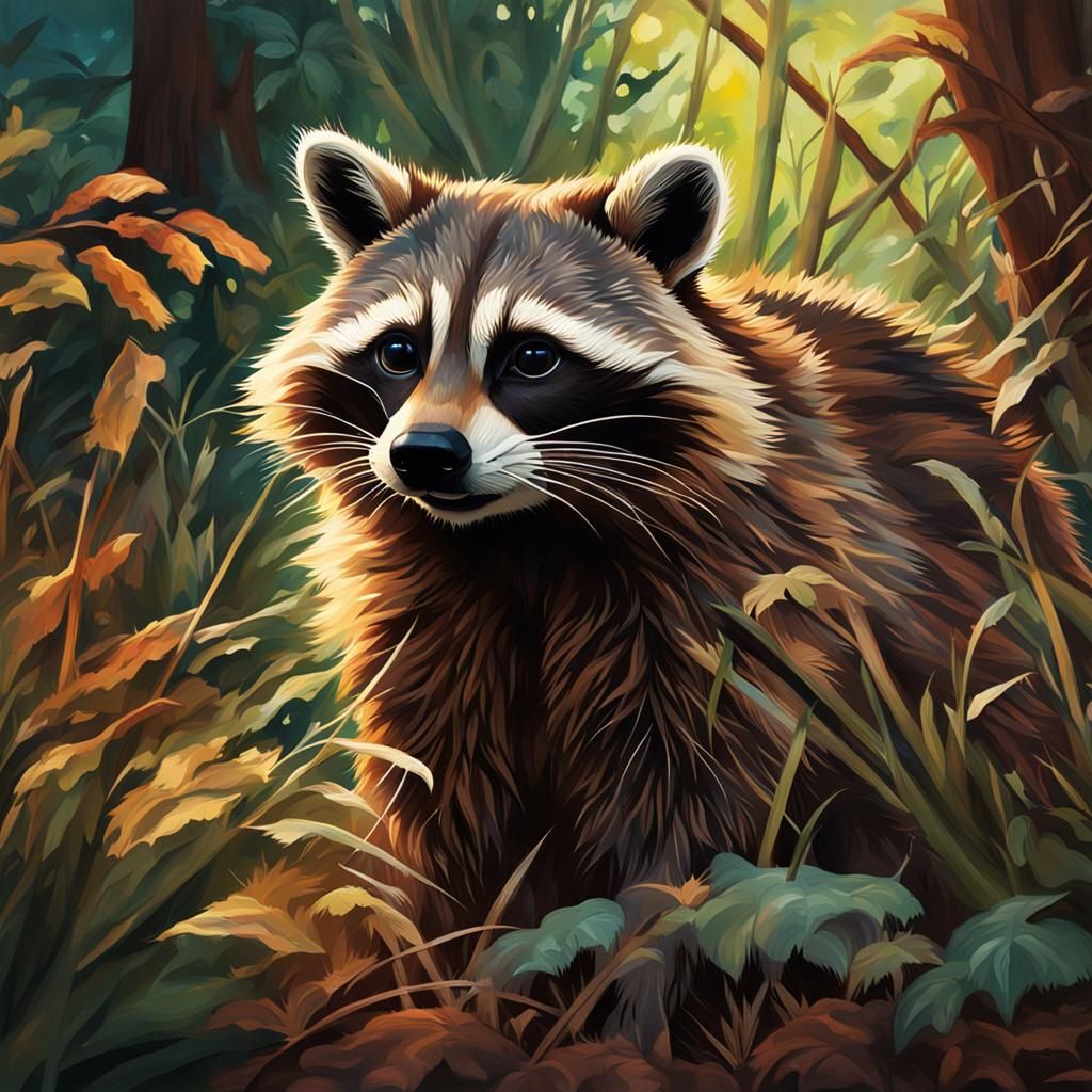 Hyperrealistic Raccoon in Undergrowth: Splash Art