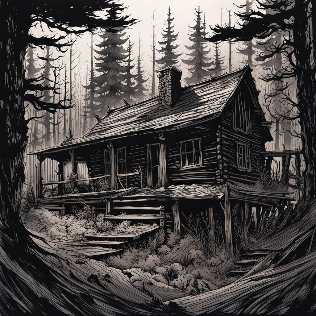 Eerie Cabin in Woods: Ink and Watercolor Art