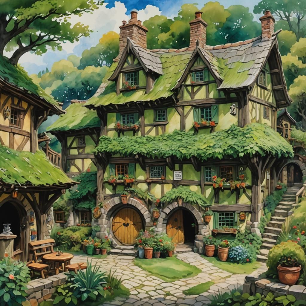 Hobbit's Green Dragon Inn in Gouache Watercolor
