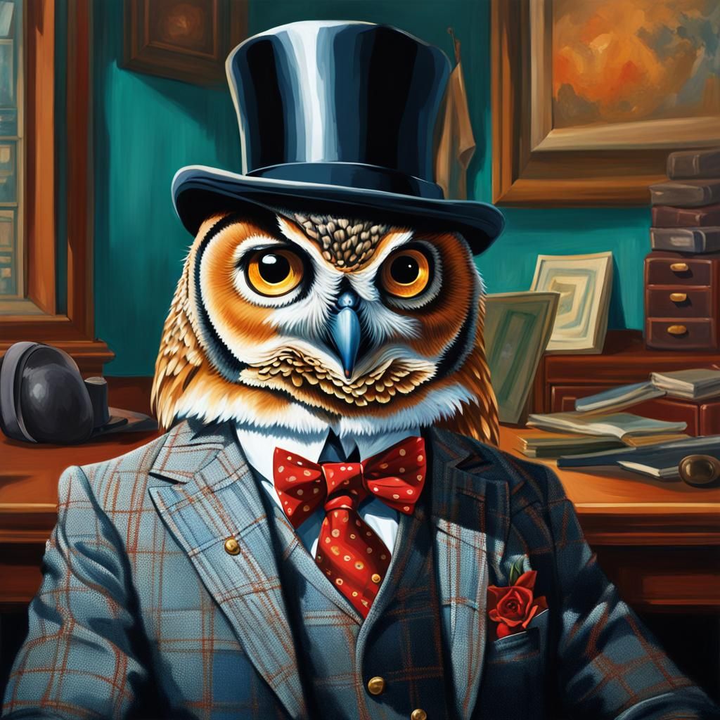 Owl Gentleman in Office: Socialist Realism Painting