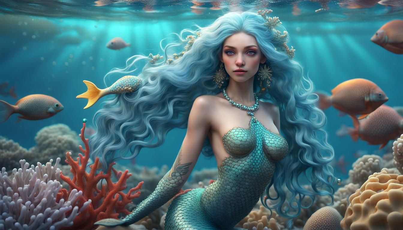 Hyperrealistic Mermaid Swimming Among Fish and Coral