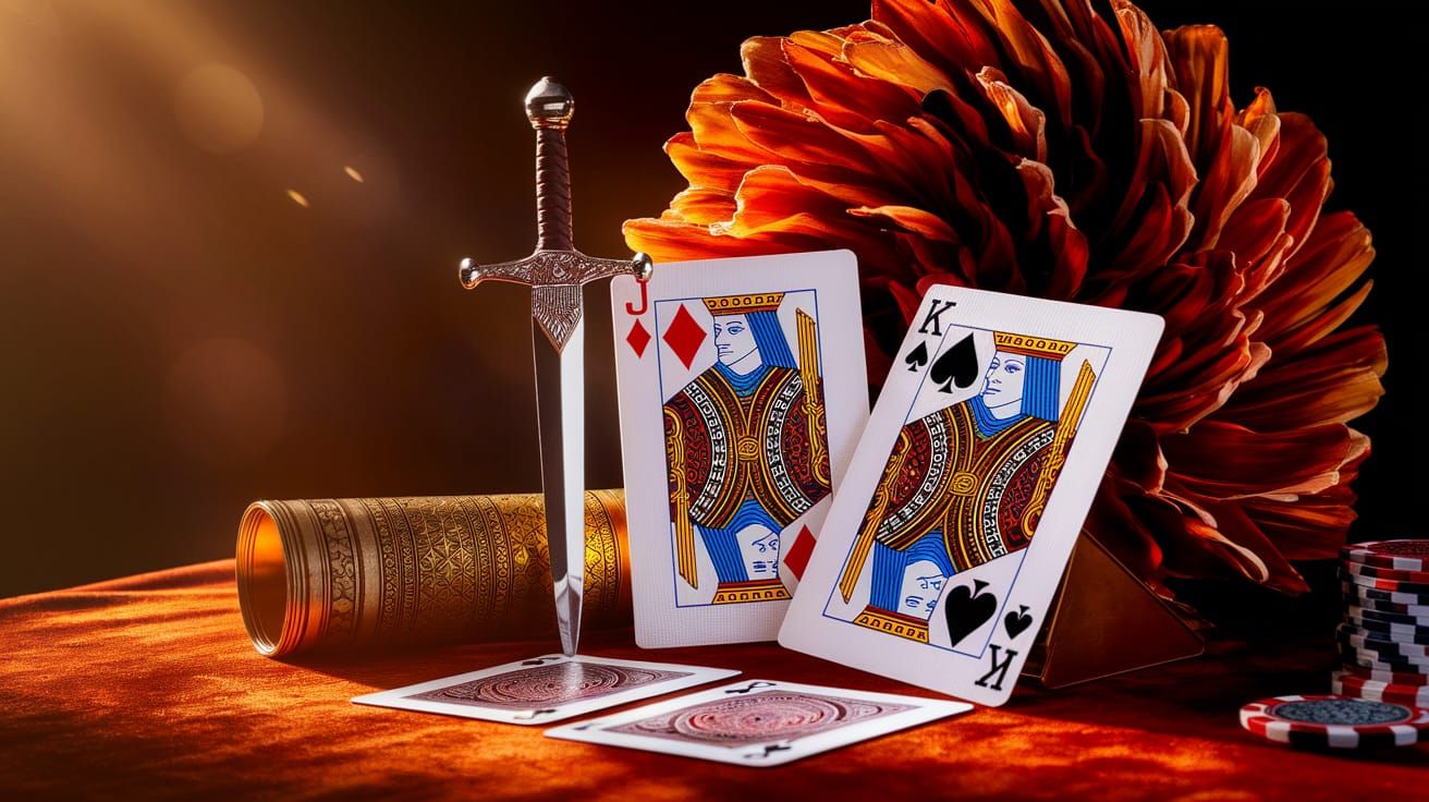 Jack of Diamonds with Sword and King of Spades on Poker Tabl...