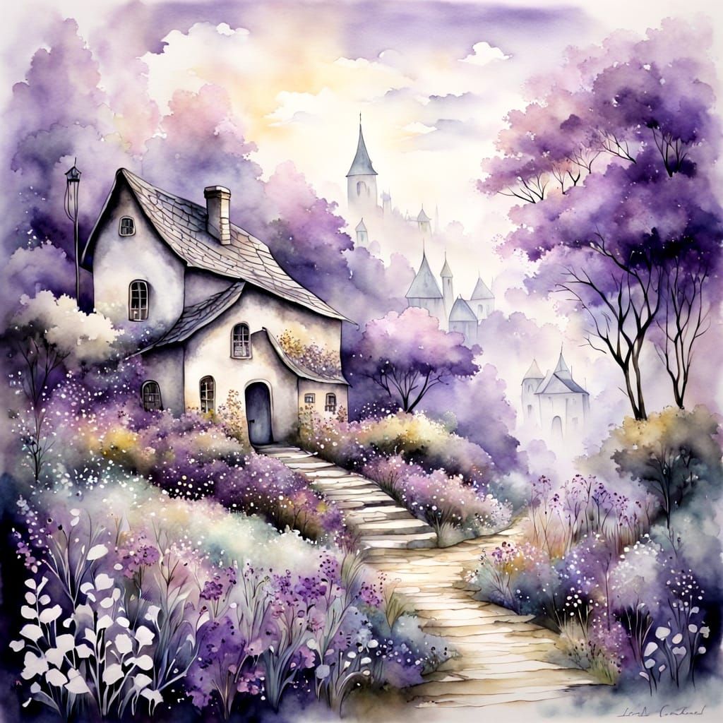 Ethereal Stone Village in Watercolor with Fantasy Garden