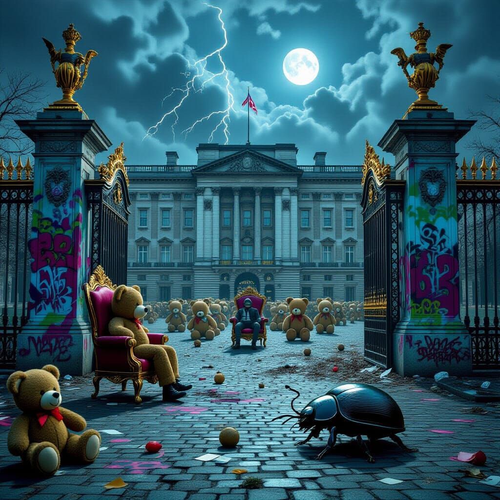 Neglected Buckingham Palace with Graffiti in Dystopian Citys...