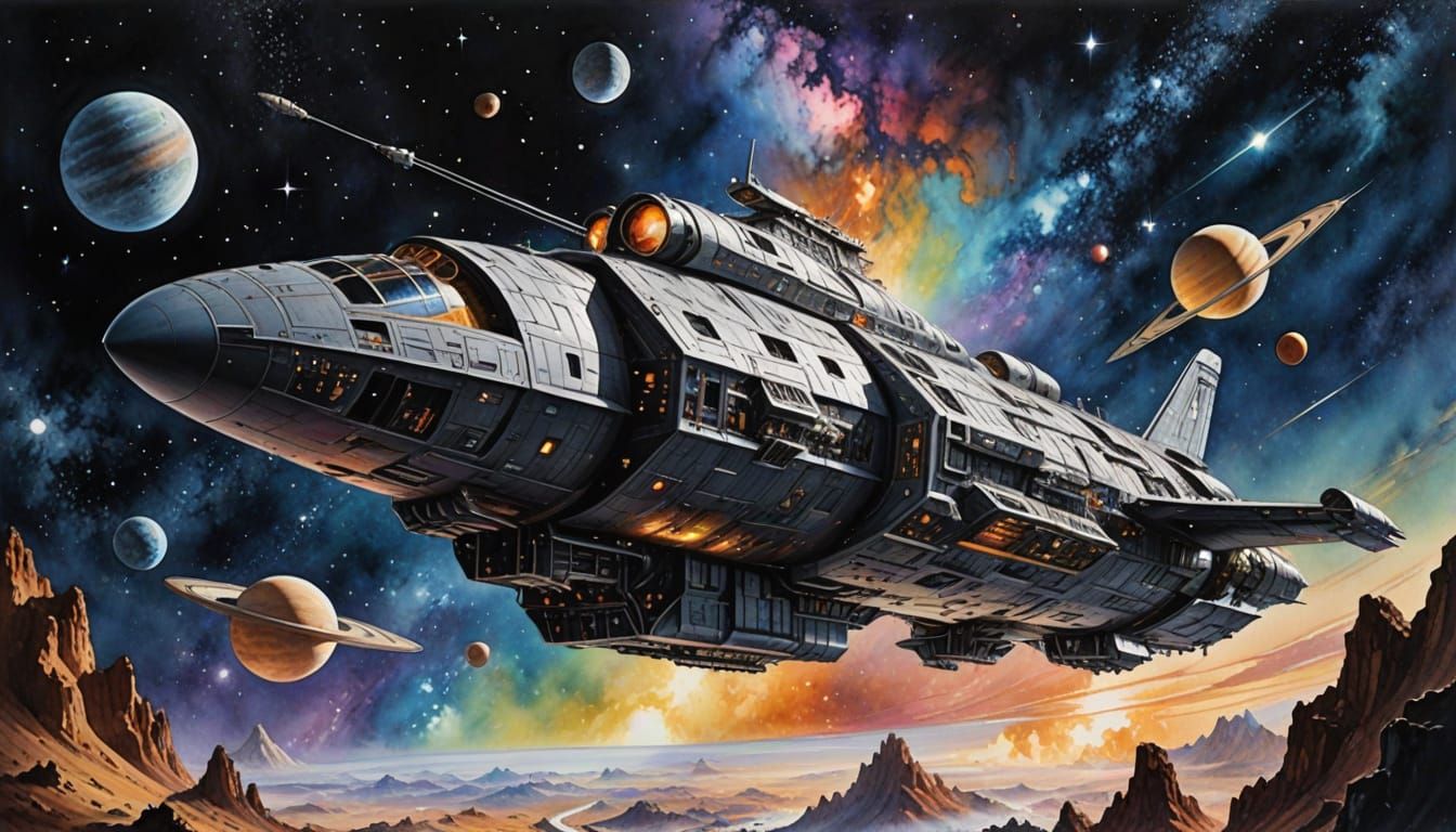 Surreal Galaxy Vessel in Vibrant Watercolor Style