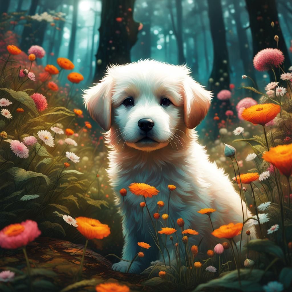Puppy in Colorful Flower Forest, Hyperdetailed Art
