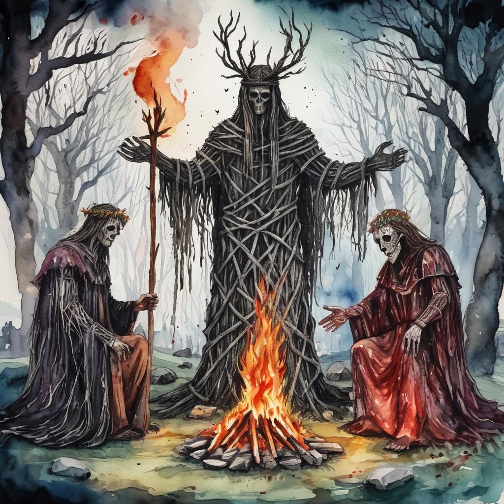 Druids at Stonehenge: Watercolor Wicker Man Ritual