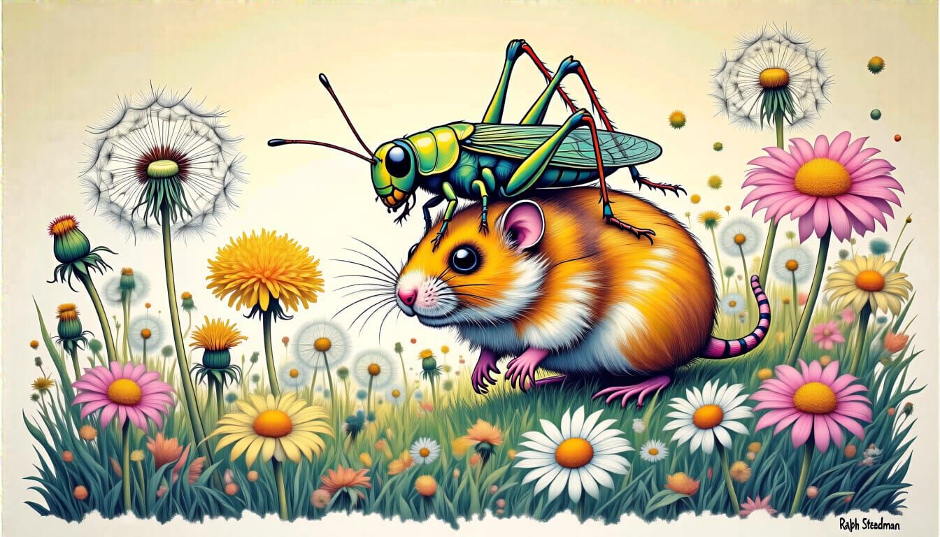Psychedelic Cricket Rides Hamster Through Dandelion Field