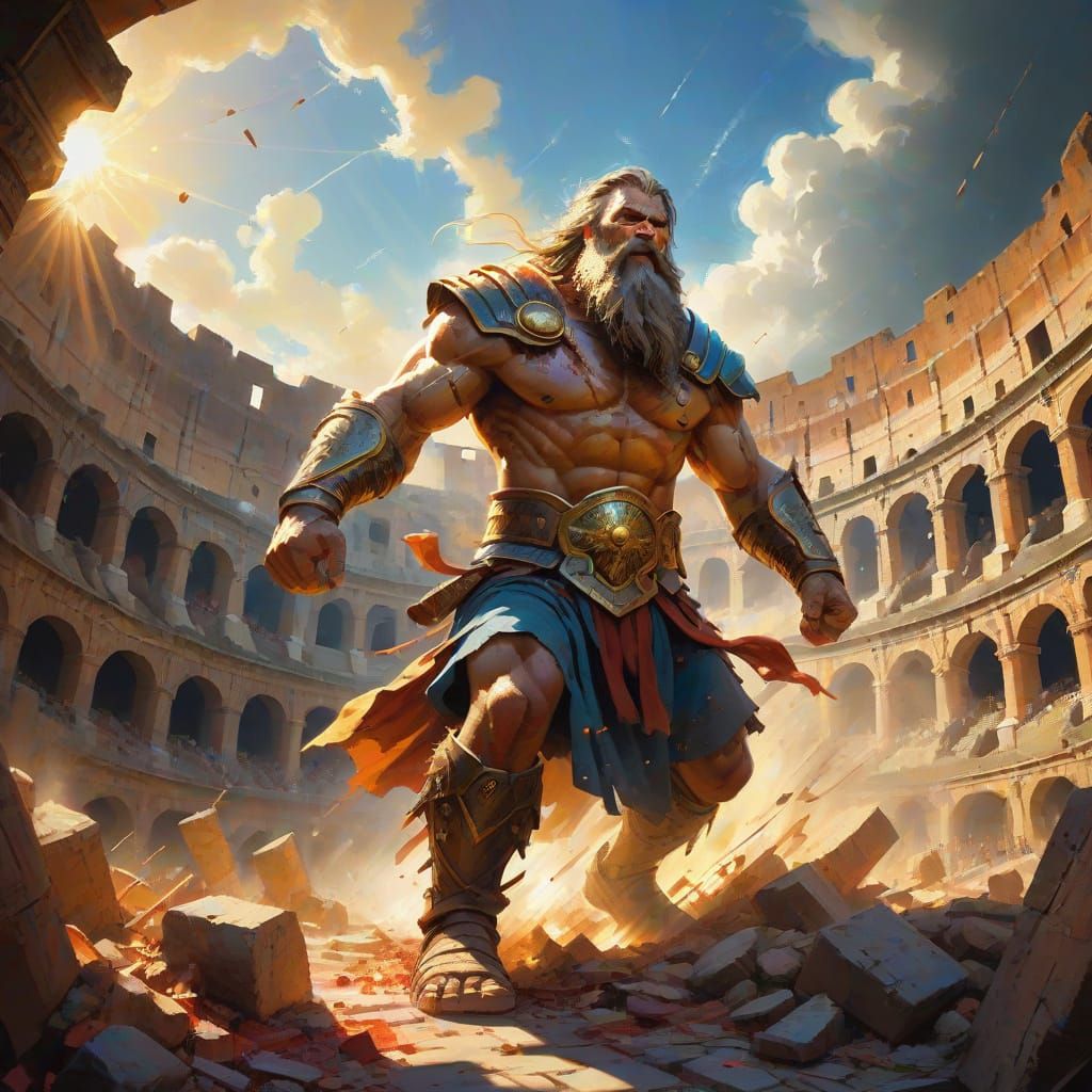 Fantasy Wizard Battles Monstrous Beast in Vibrant Roman Colo...