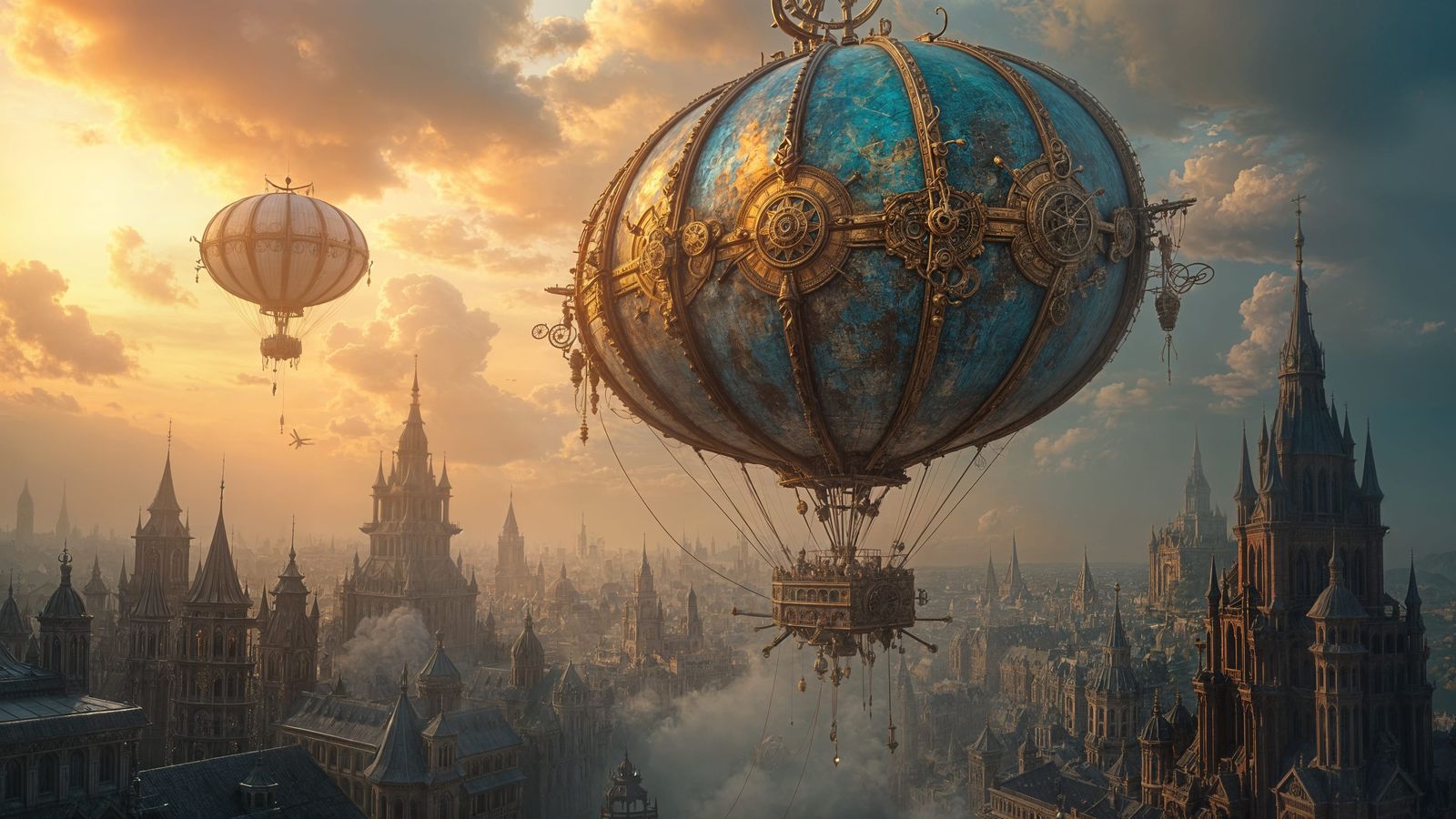 Steampunk Airship Over Clockwork City: Hyper-Realistic Rende...