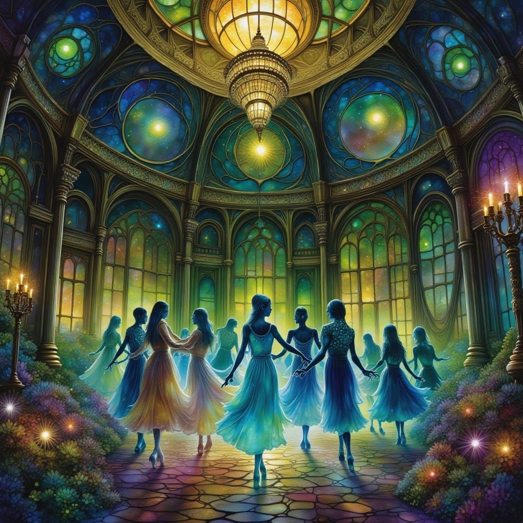 Haunted Ballroom with Spectral Dancers and Starlight Cobwebs