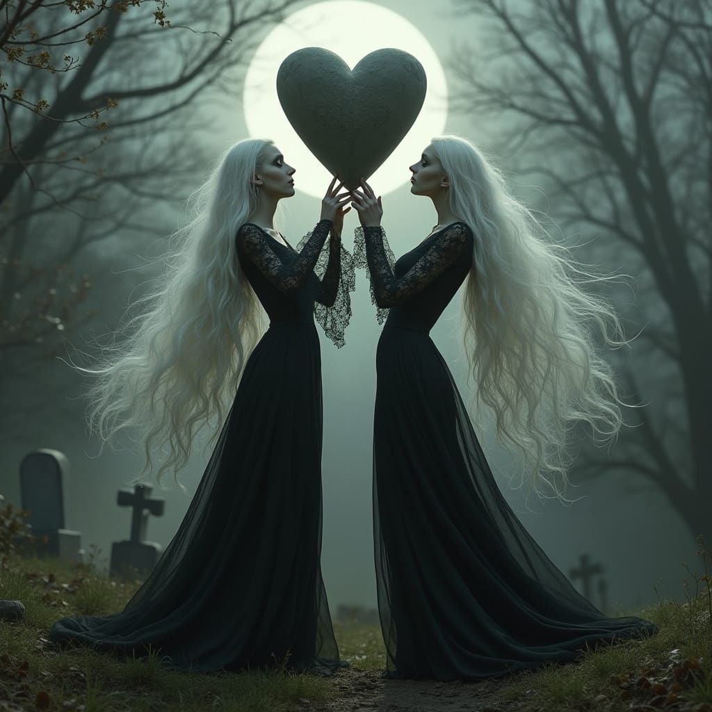 Ethereal Banshees Haunt Gothic Graveyard with Heart Sculptur...