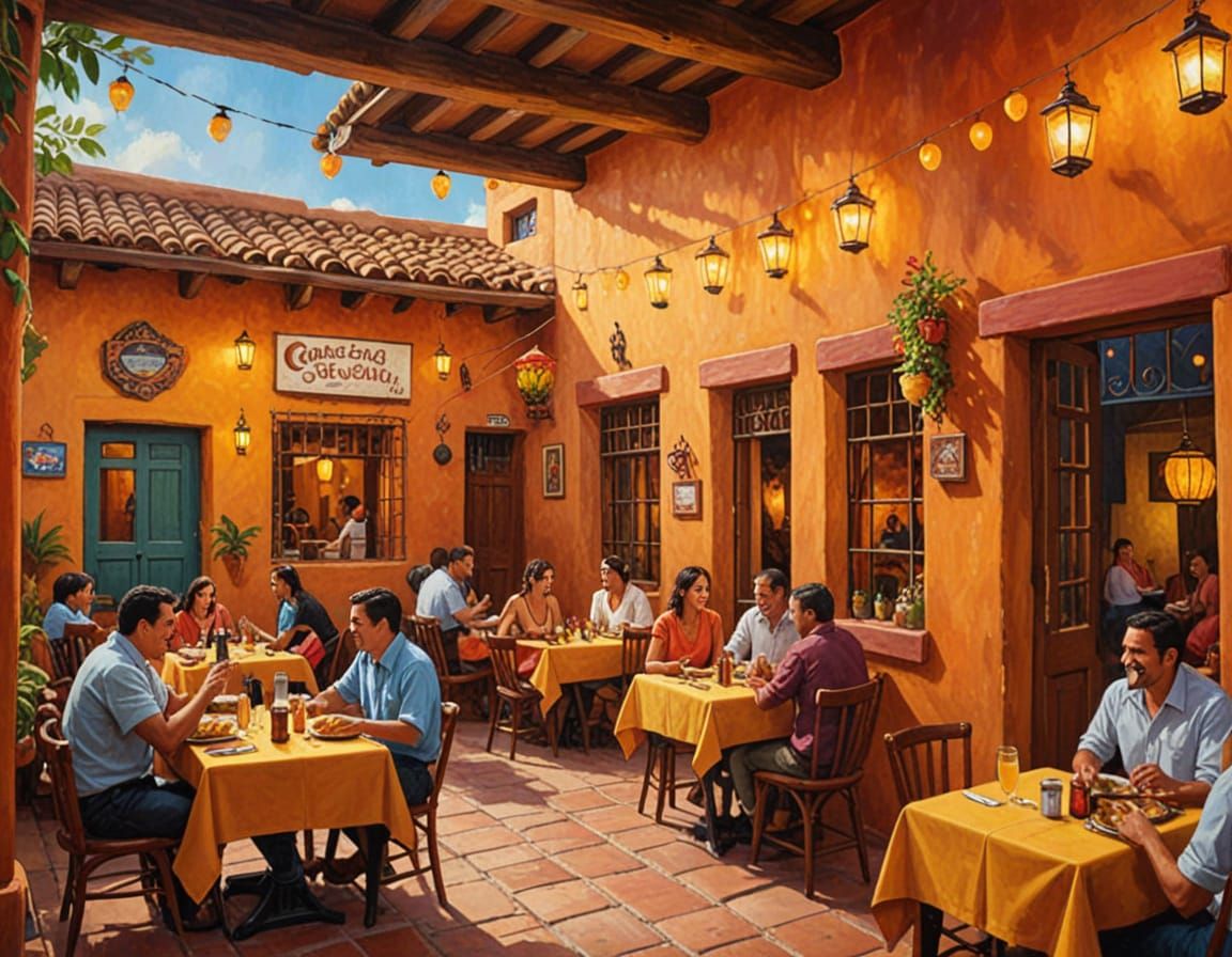Warm Golden Lighting Illuminates a Vibrant Mexican Restauran...