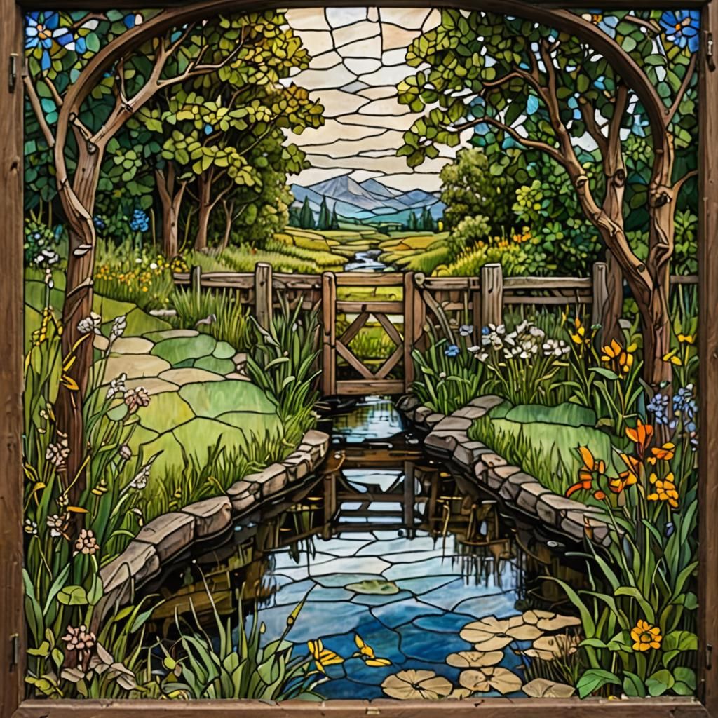 Stained Glass Meadow Scene with Stream and Fence