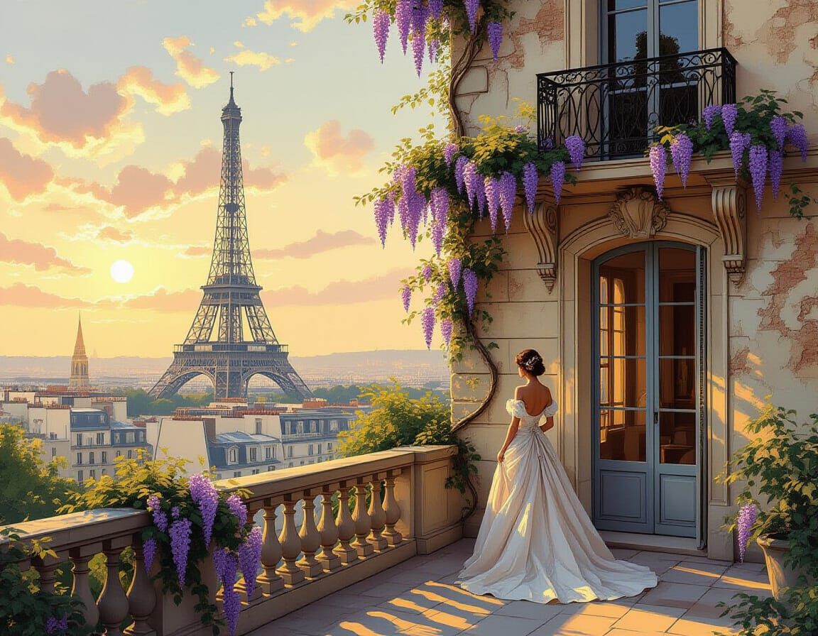 Parisian Villa at Sunset with Wisteria and Eiffel Tower View
