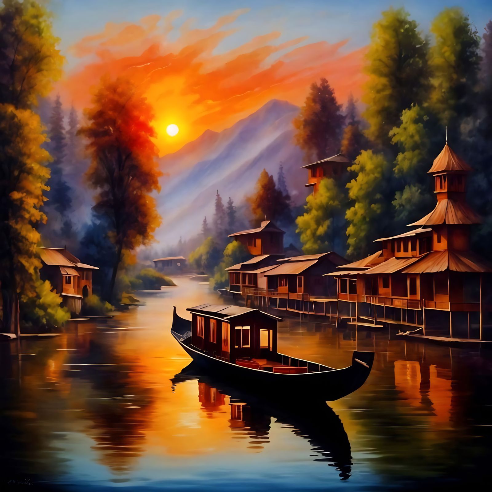 Kashmiri Houseboat at Sunset as Oil Painting