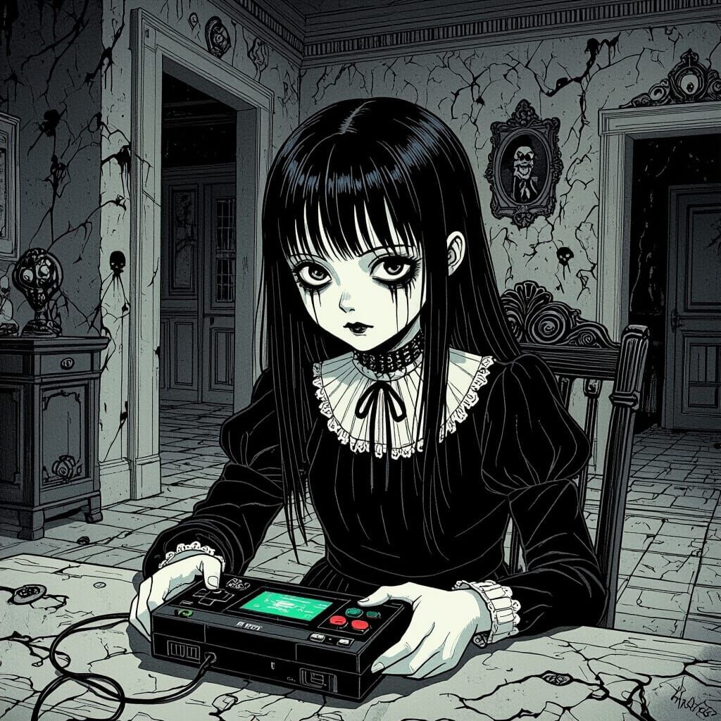 Creepy Girl Playing Video Game in Haunted Mansion
