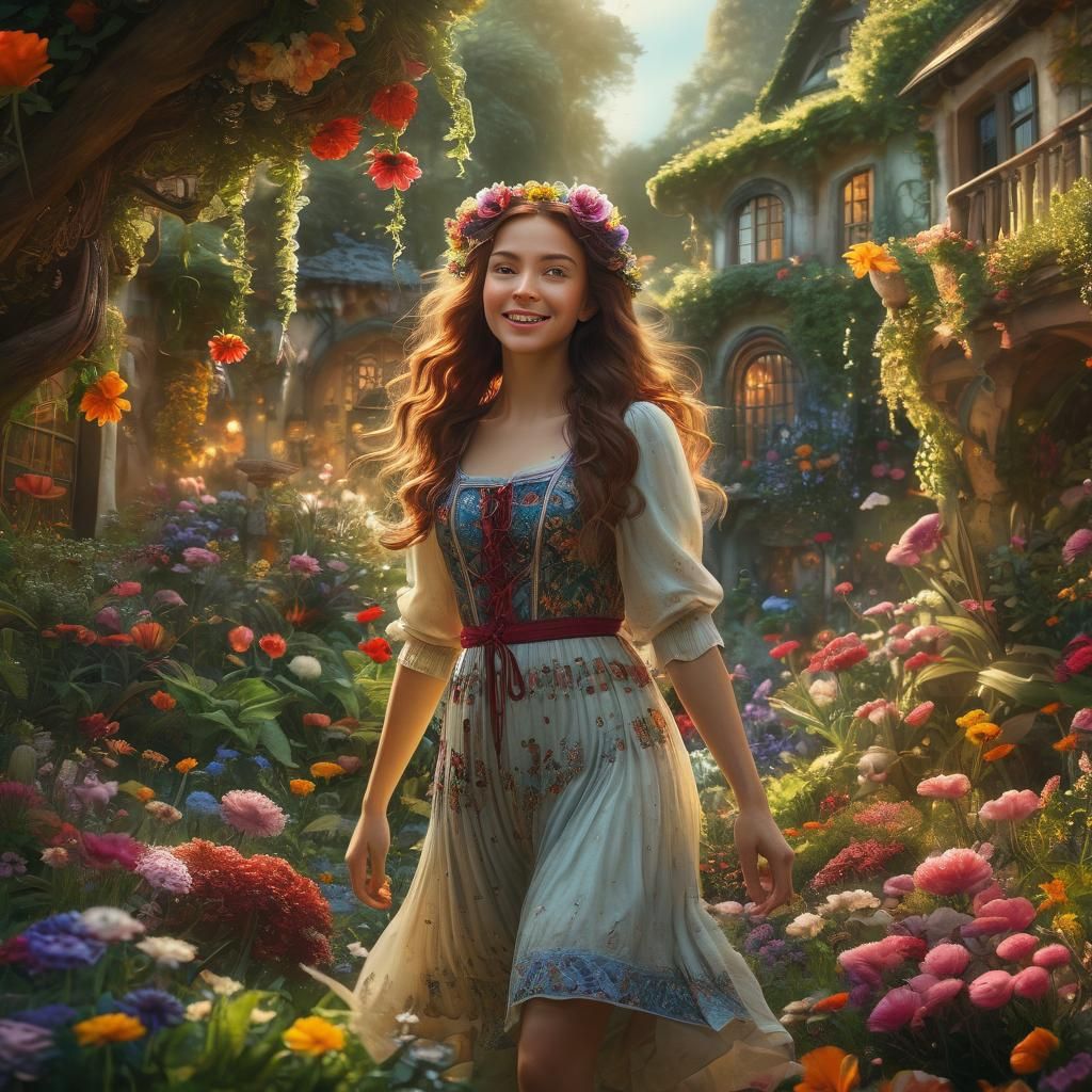 Happy Woman and Children in Fantasy Garden