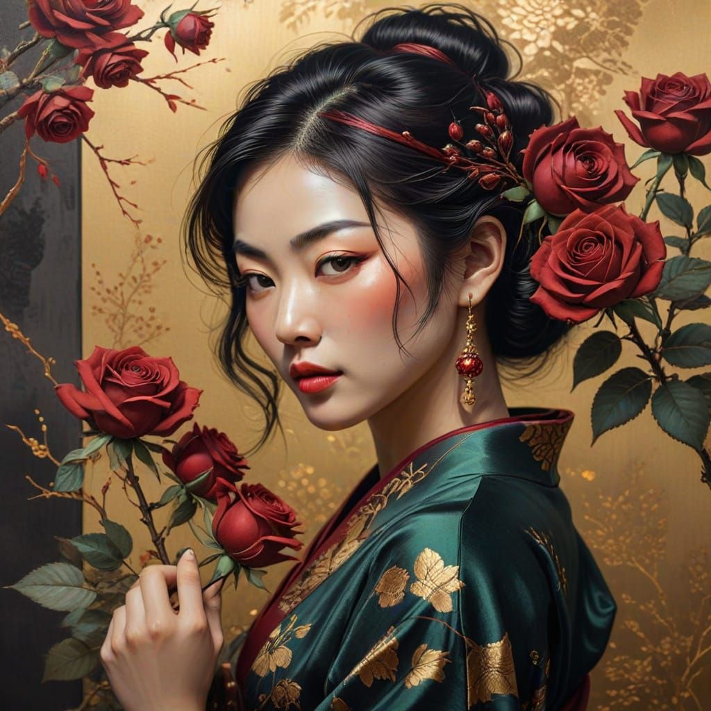 Japanese Fantasy Woman with Roses in Ukiyo-e Style