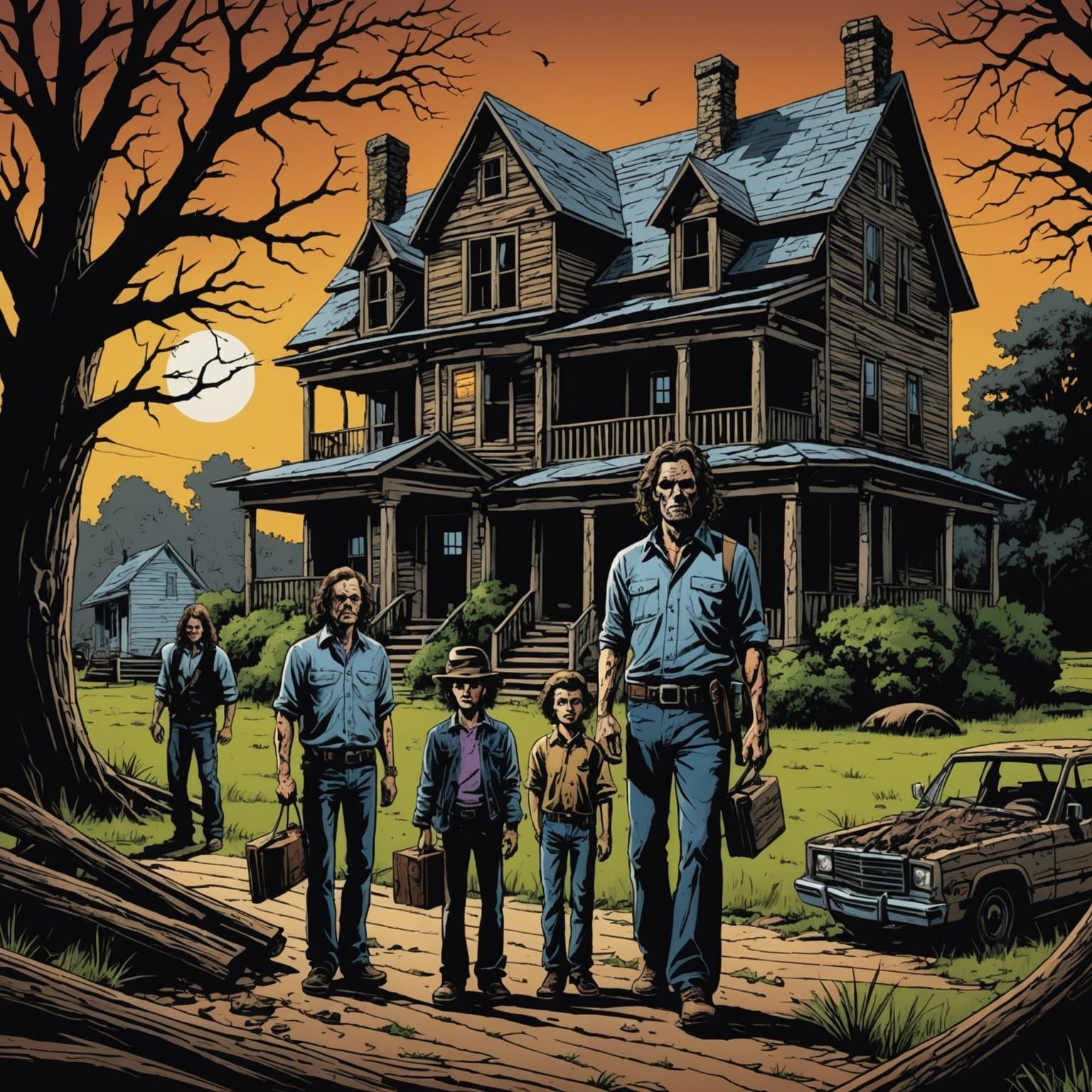 Texas Chainsaw Family Horror Scene in Comic Book Art