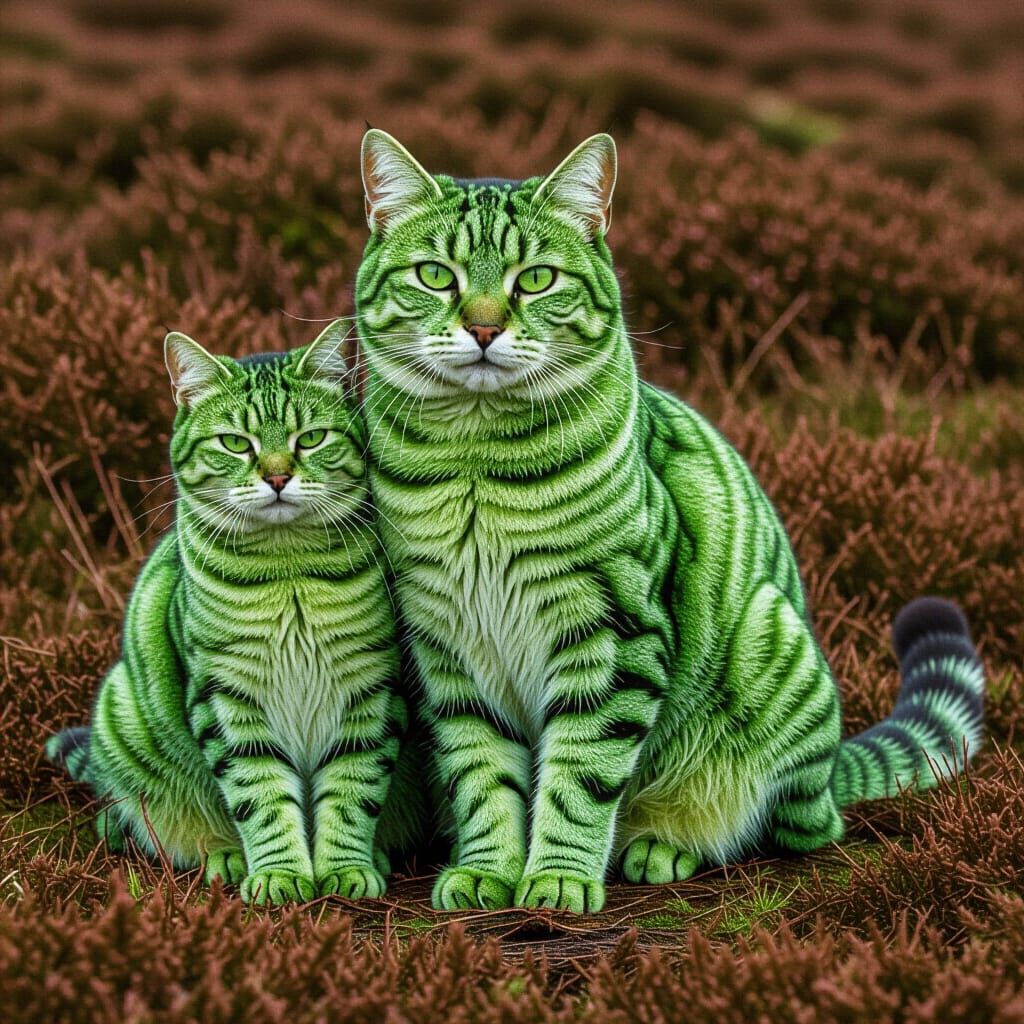 Giant Green Moor Cats in a Surreal Landscape