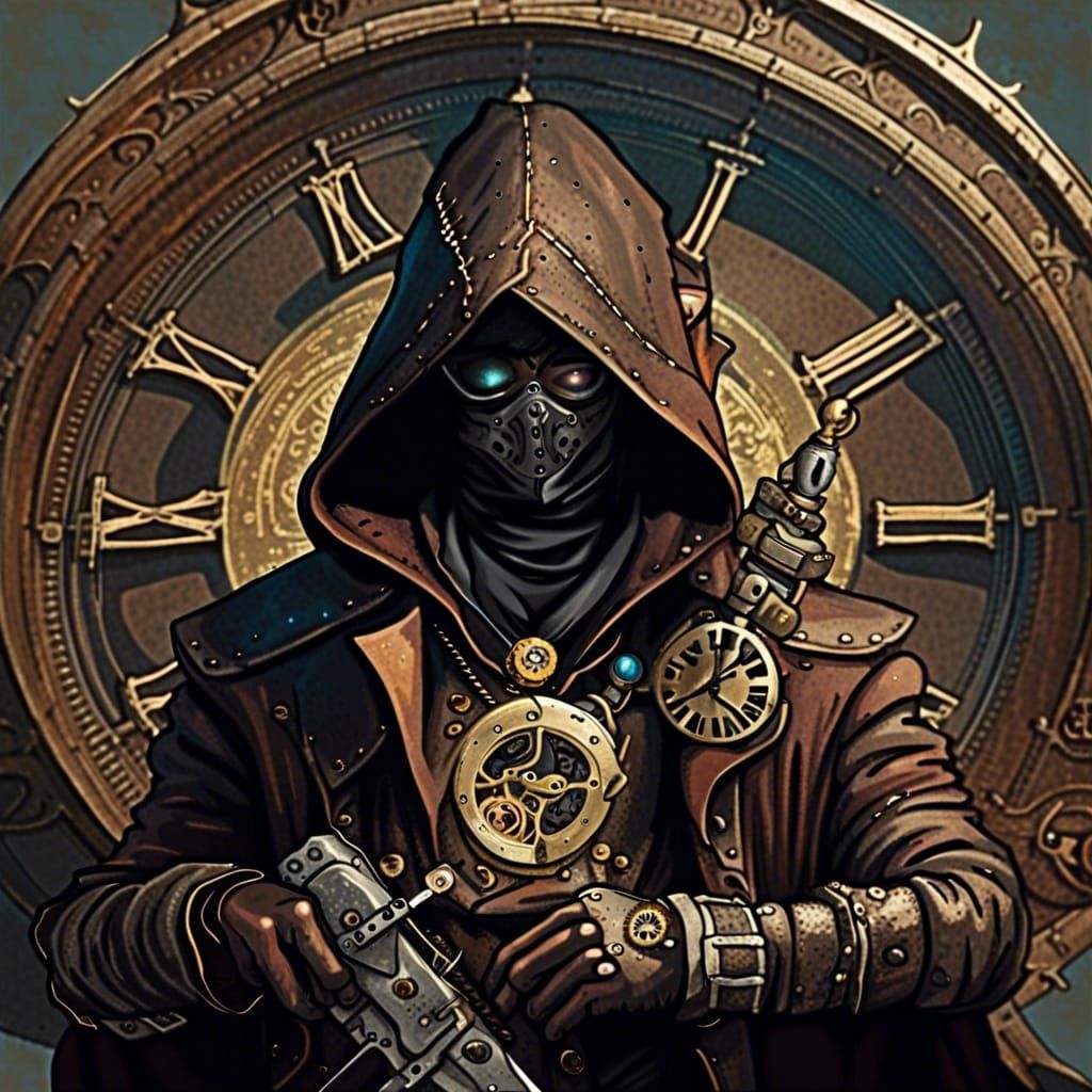 Steampunk Assassin on Clock Tower with Gun and Knife