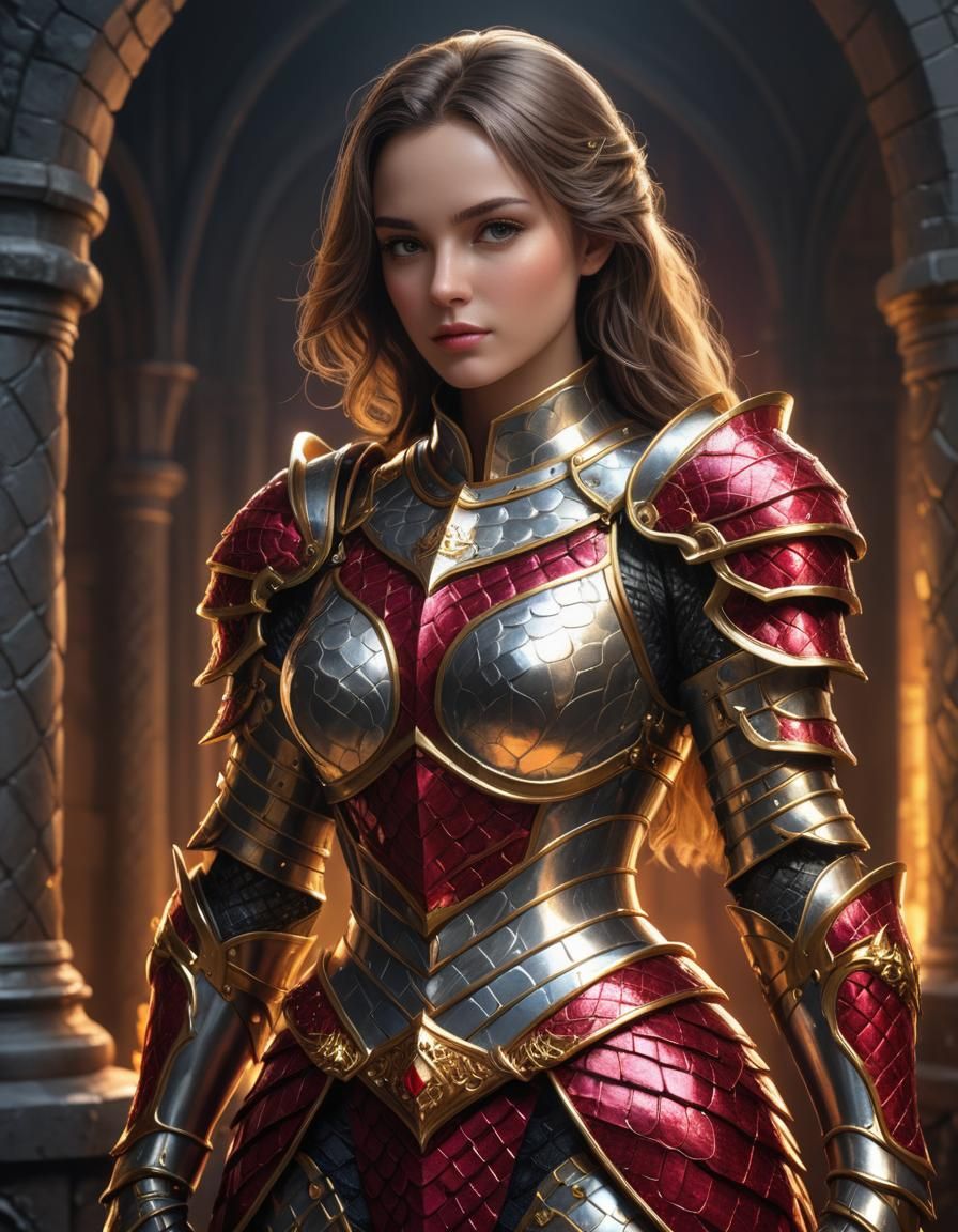 Female Knight in Dragonscale Armor, Cartoon Style