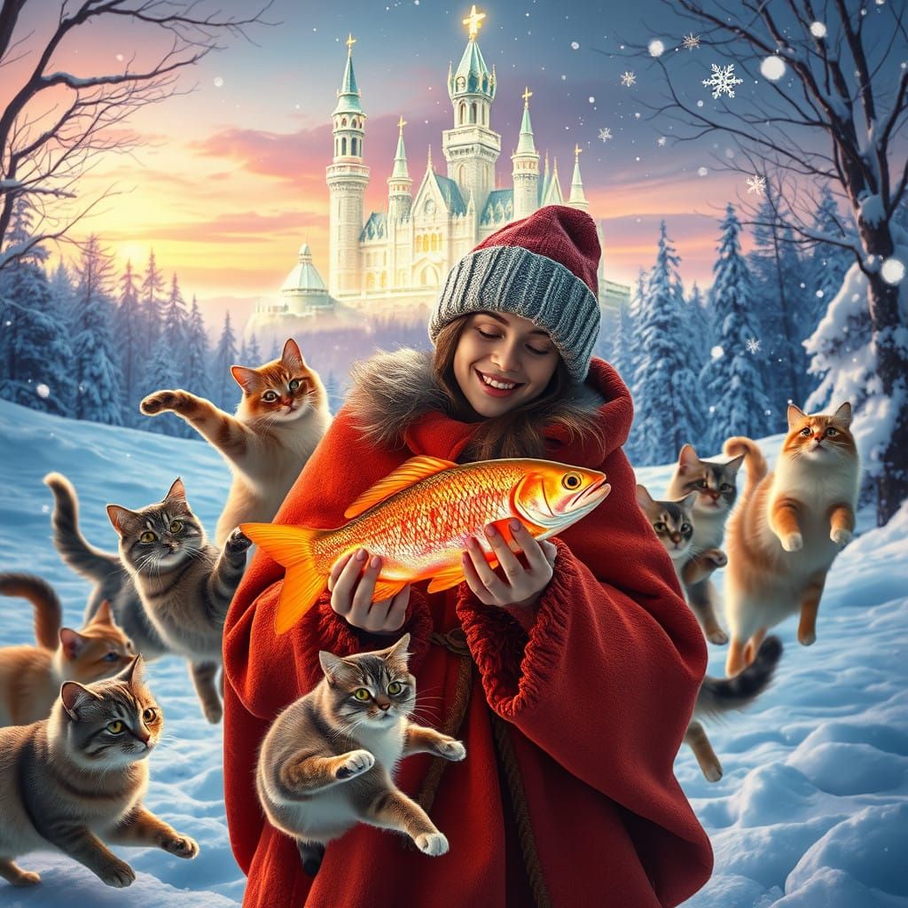 Whimsical Winter Wonderland with Magical Creatures and Mysti...