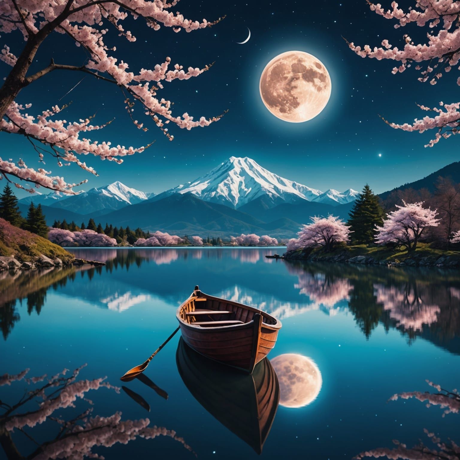 Surreal Boat on Lake with Cherry Blossoms