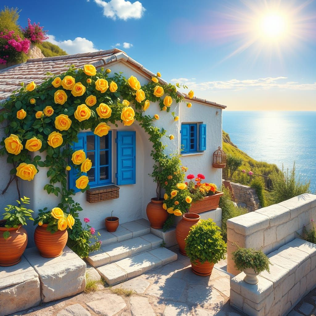 charming small white stone house with bright blue wooden windows, nestled on a sunlit Mediterranean hillside. The walls ...