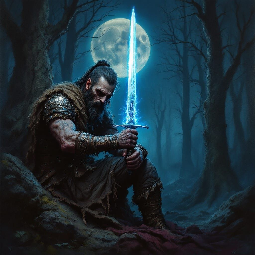 Dark Fantasy Warrior Polishing Rune Sword in Moonlit Forest