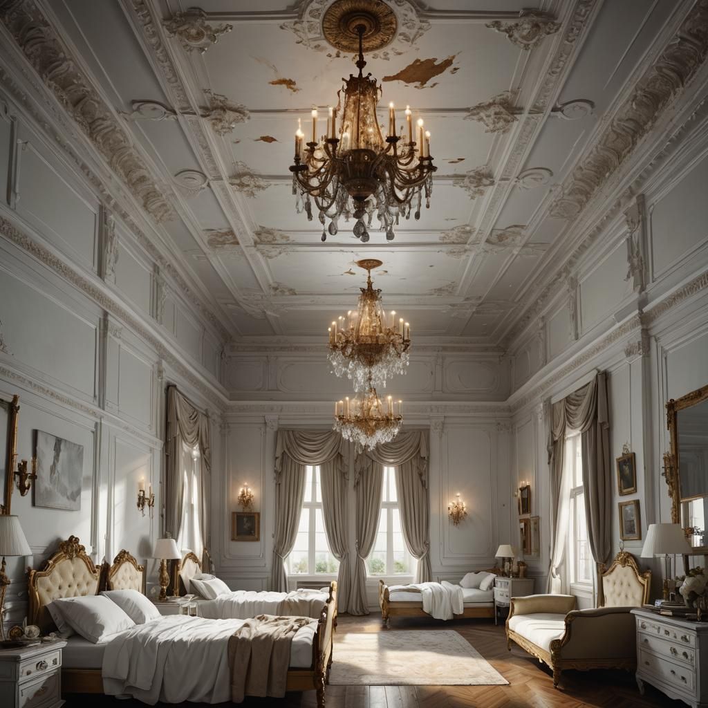 Gloomy Luxurious Dormitory with White and Brass Details