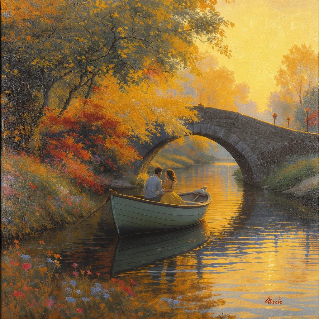 Romantic Couple on River in Impressionistic Style
