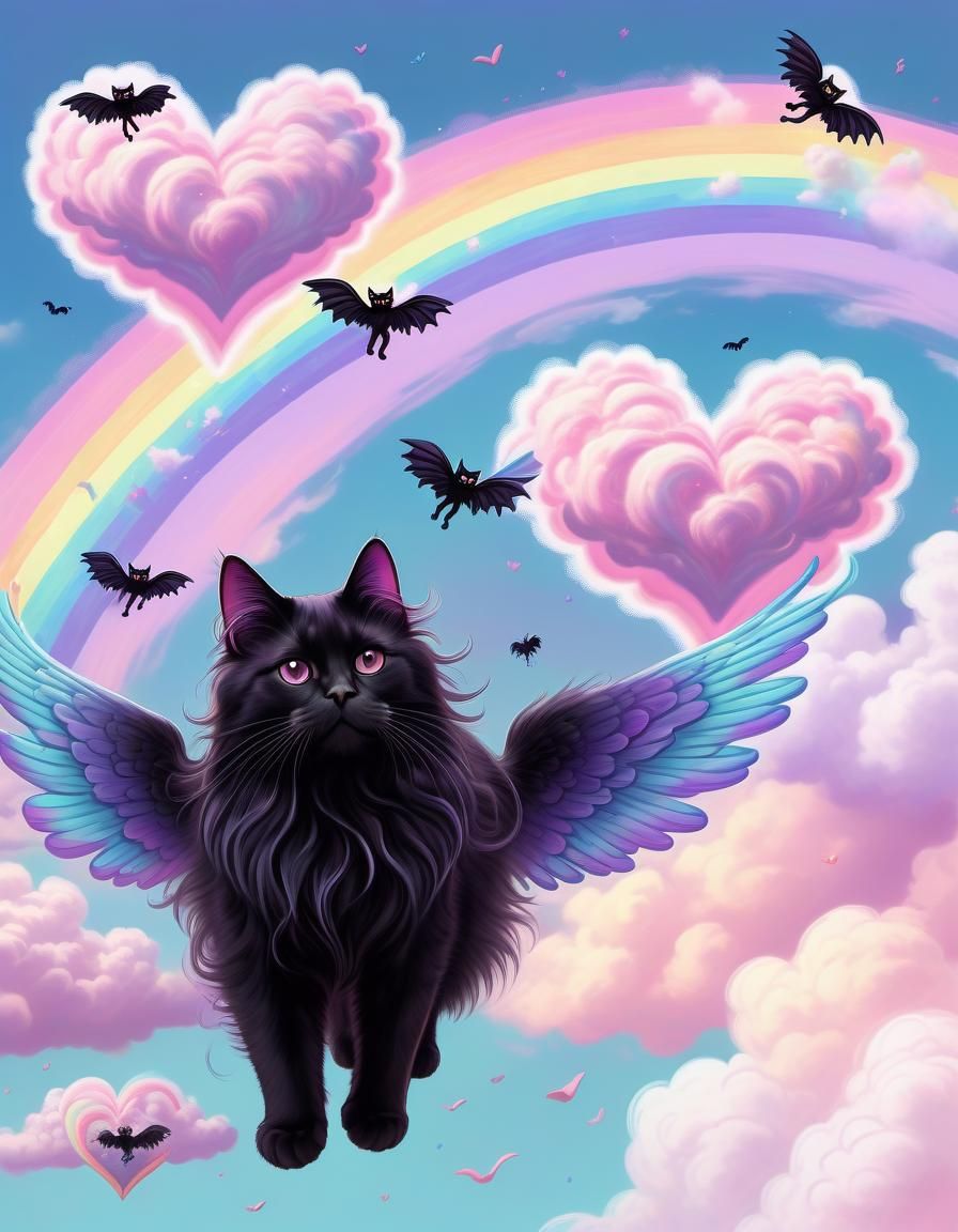 Black Cat with Angel Wings in Pastel Heaven