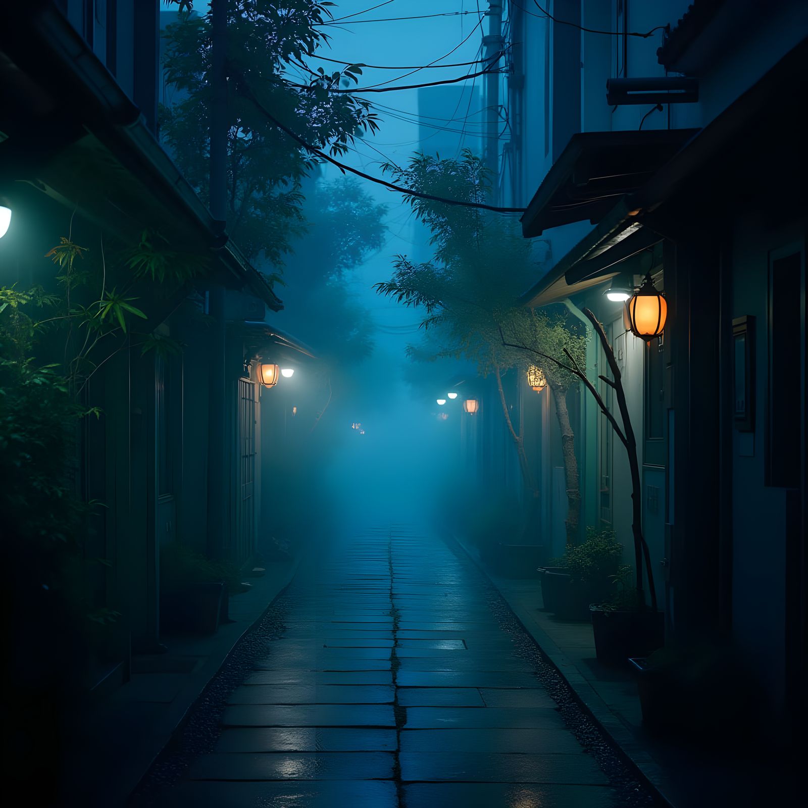 Cyberpunk Zen Alley in Tokyo: Soft Blue Lights