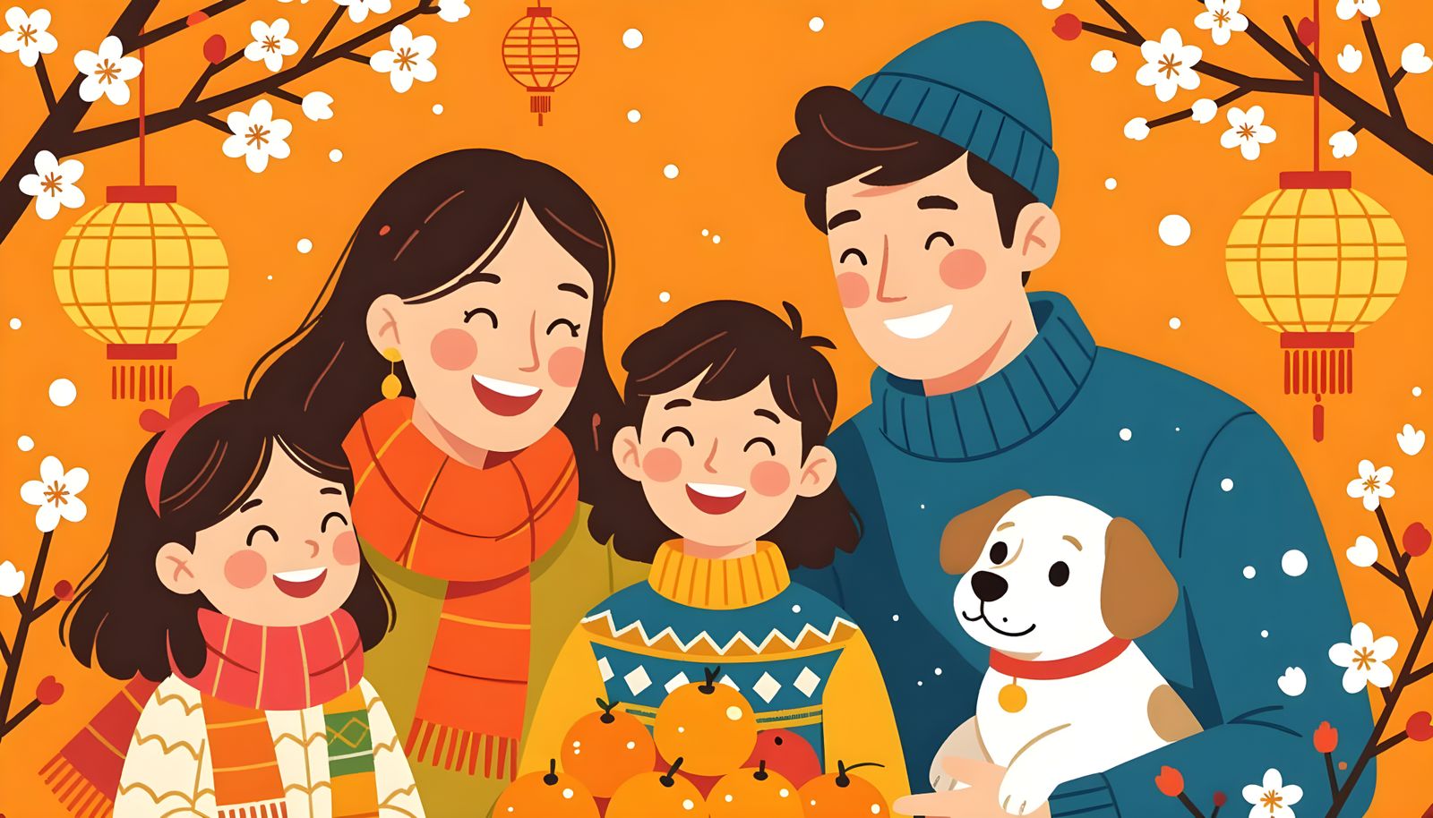 Joyful Family Portrait with Lanterns and Cherry Blossoms