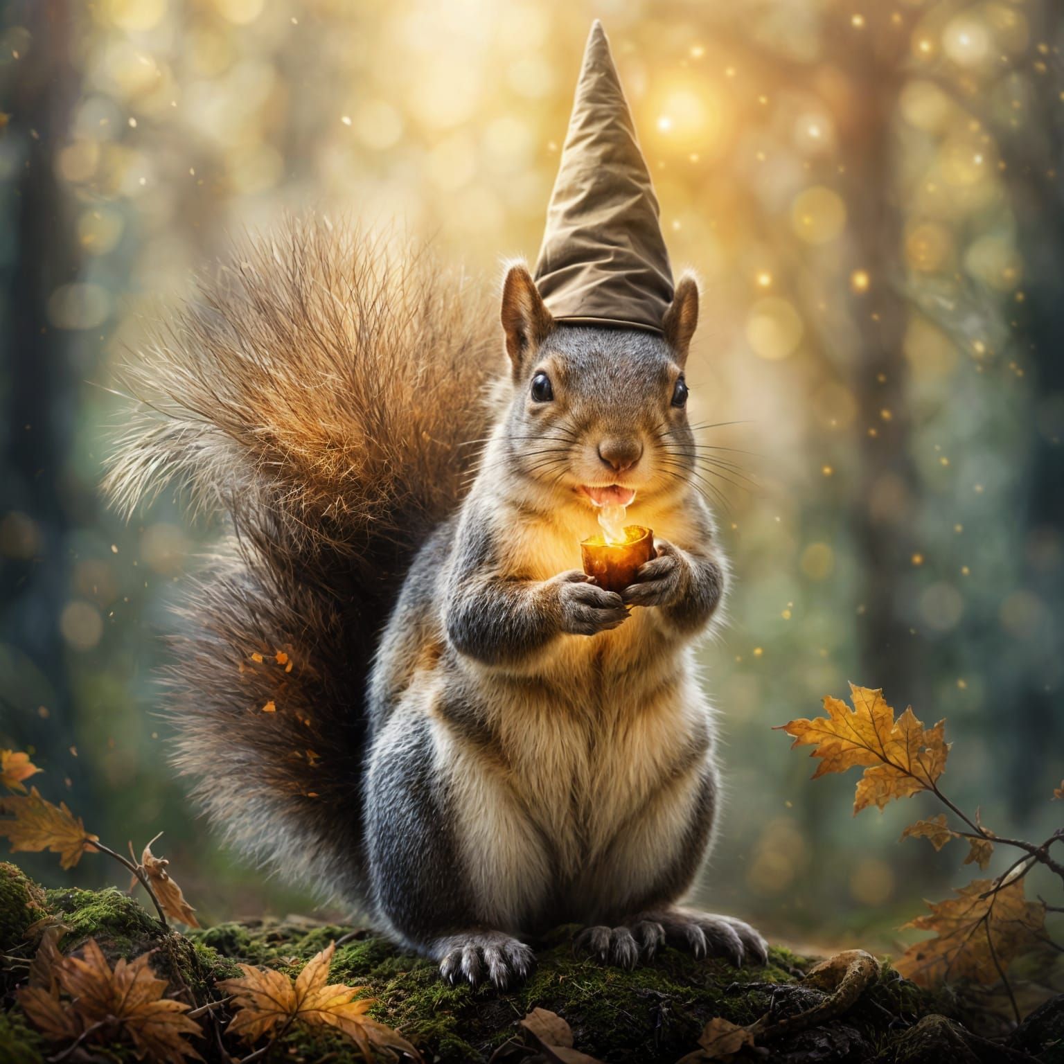 Squirrel in Wizard Hat, Ethereal Fantasy Scene