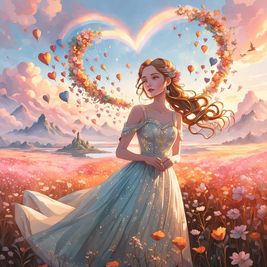 Elegant Woman in Whimsical Heart-Shaped World